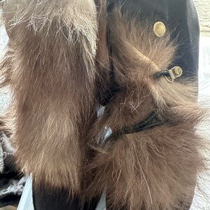 Chinese laundry black and Brown Fur-Trimmed Boots with Gold Accents
